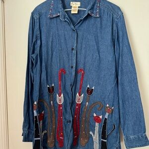 VTG Bobbie Brooks Embroidered Cats Denim Button Up Shirt Womens M